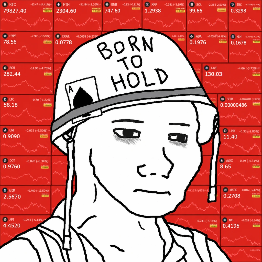 Hand-drawn weary soldier with Born to Hold helmet in front of red crypto charts